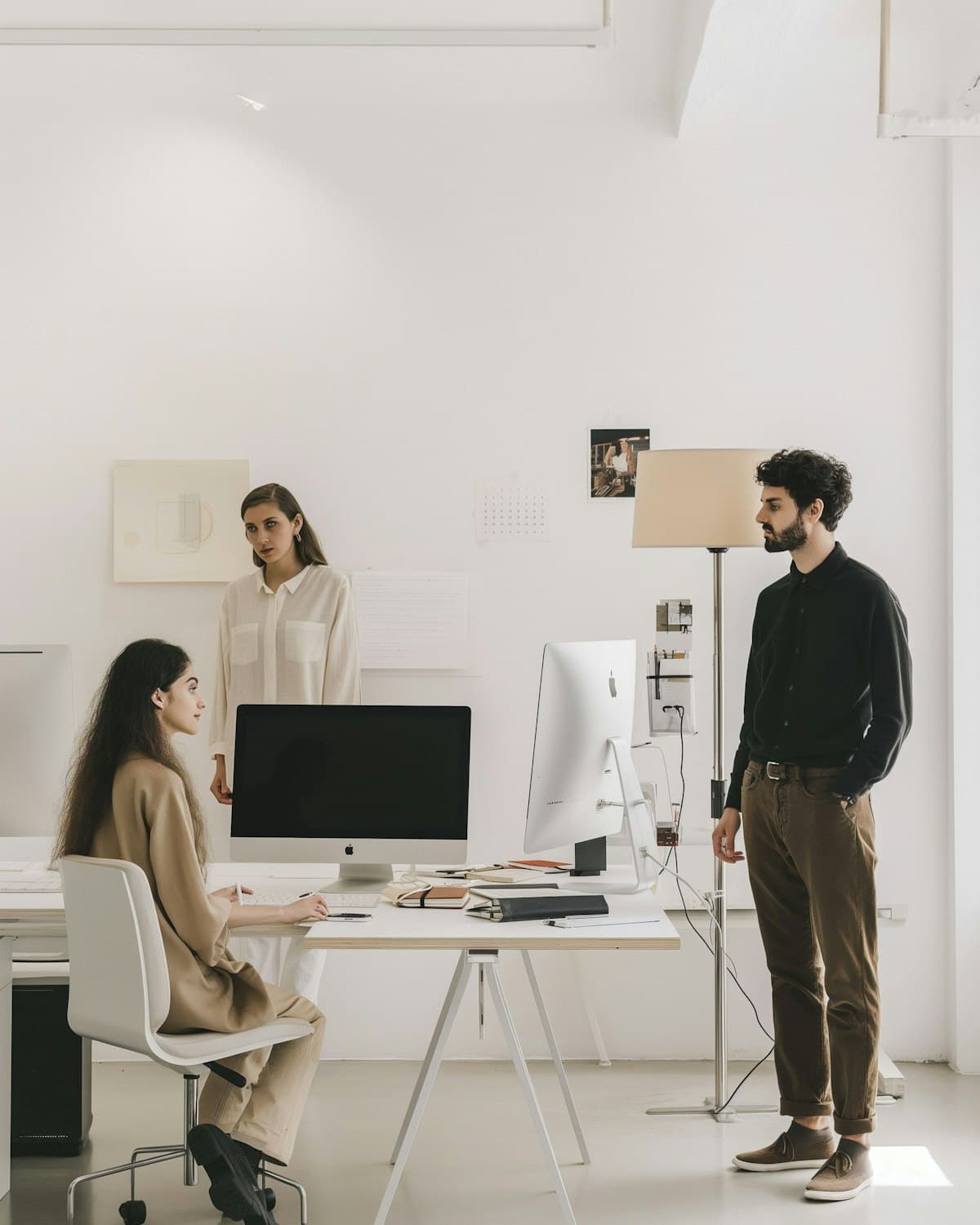 Three colleagues in a minimalist office reviewing work together at a computer.