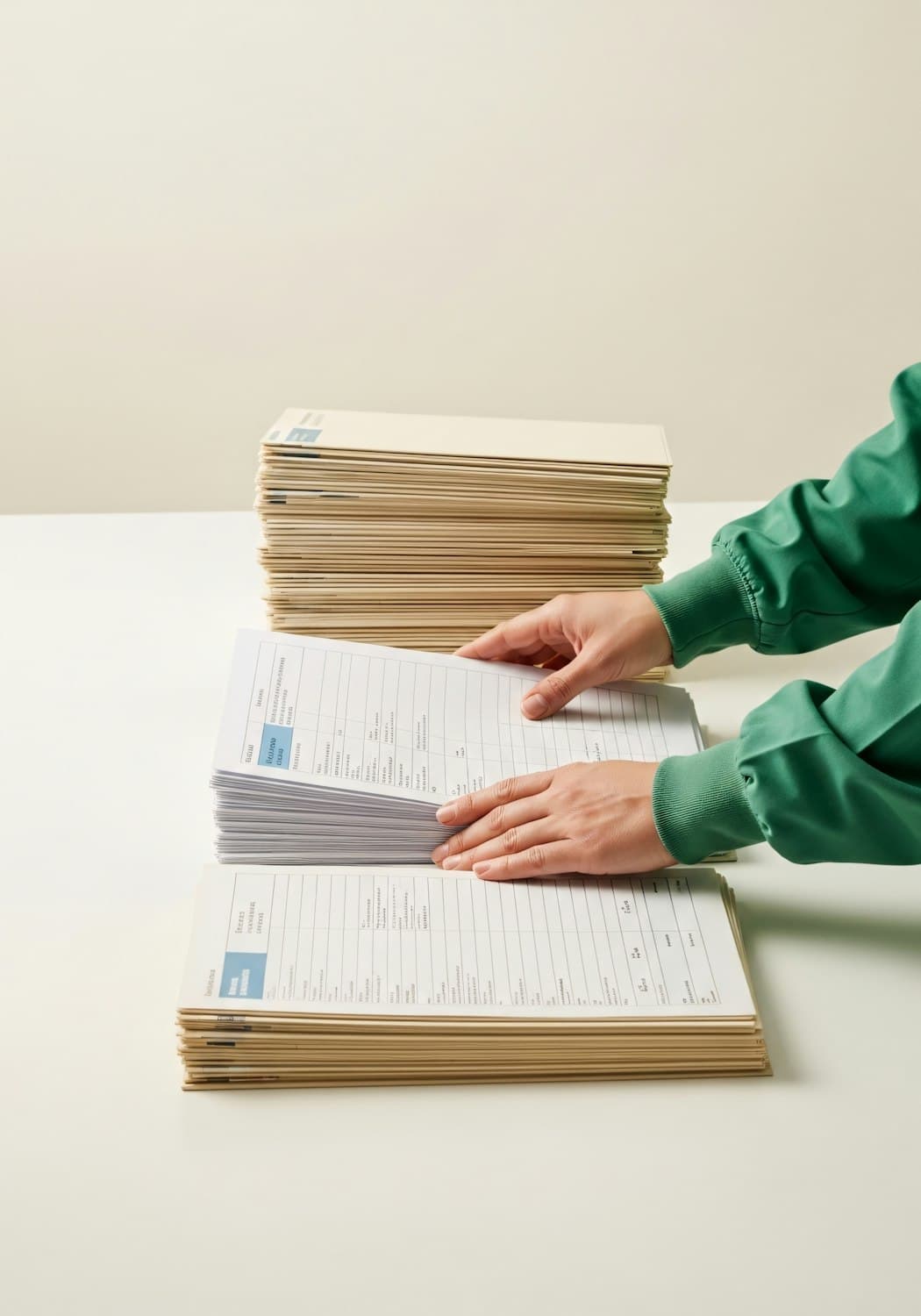 Hands sorting paper documents into labelled folders on a desk.