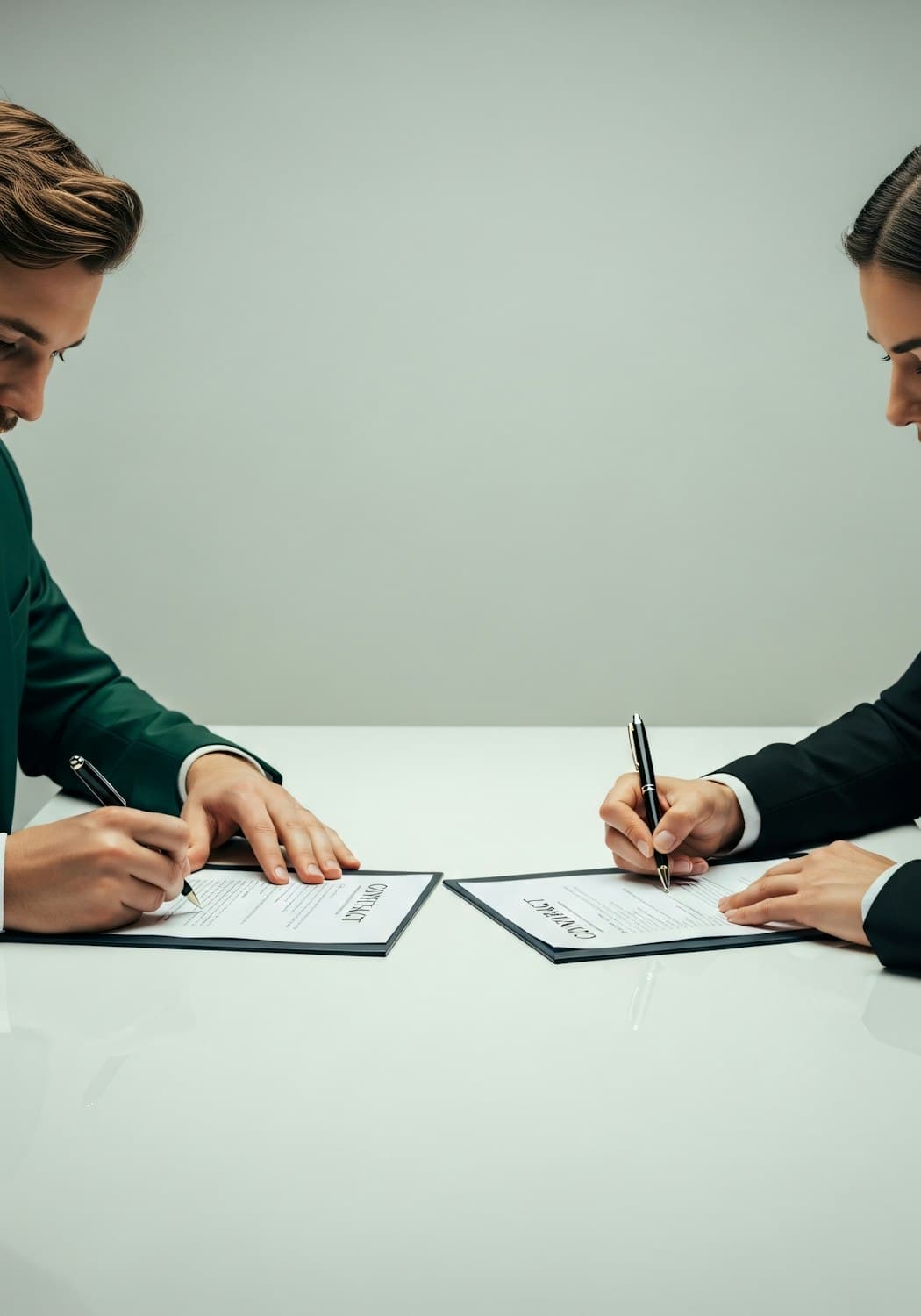 Two colleagues in formal dress reviewing and signing a contract across a table.